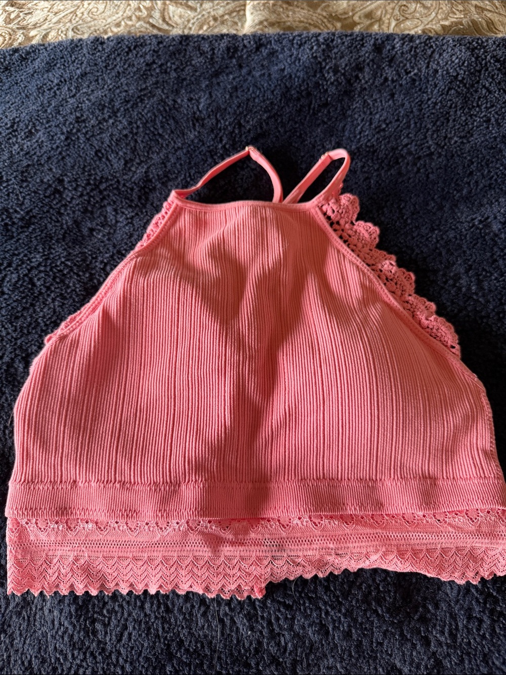 Ribbed Lace-Trim Halter Bralette - Coral Pink